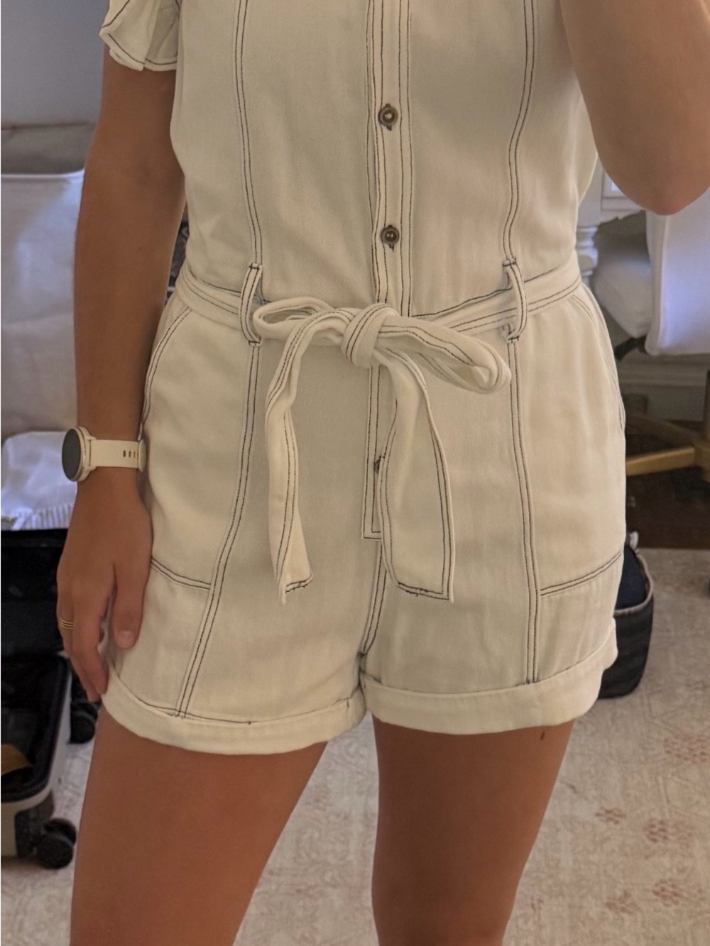 Kendall Lane Cream Button-Front Ruffle Sleeve Romper - Picture 2 of 2